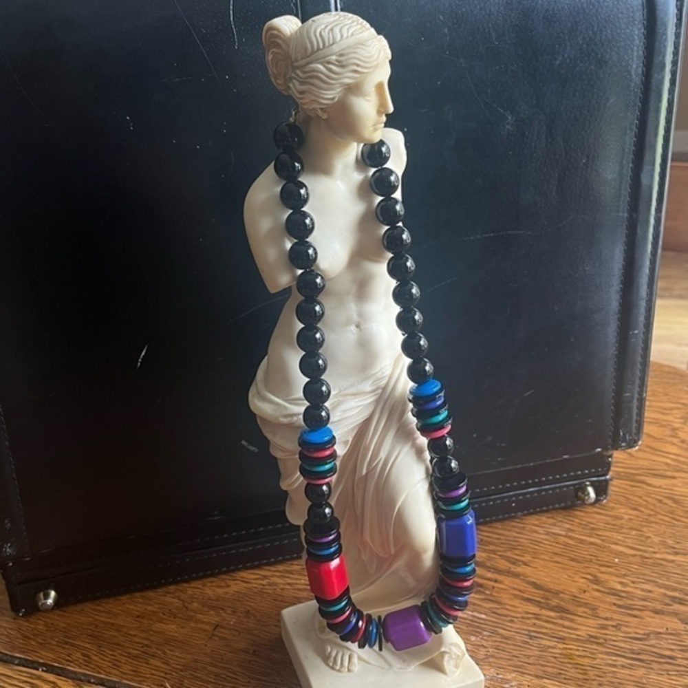 Vintage 70s 80s Bold Pop Art Black and Neon PINK and BLUE CHUNKY Beaded Necklace